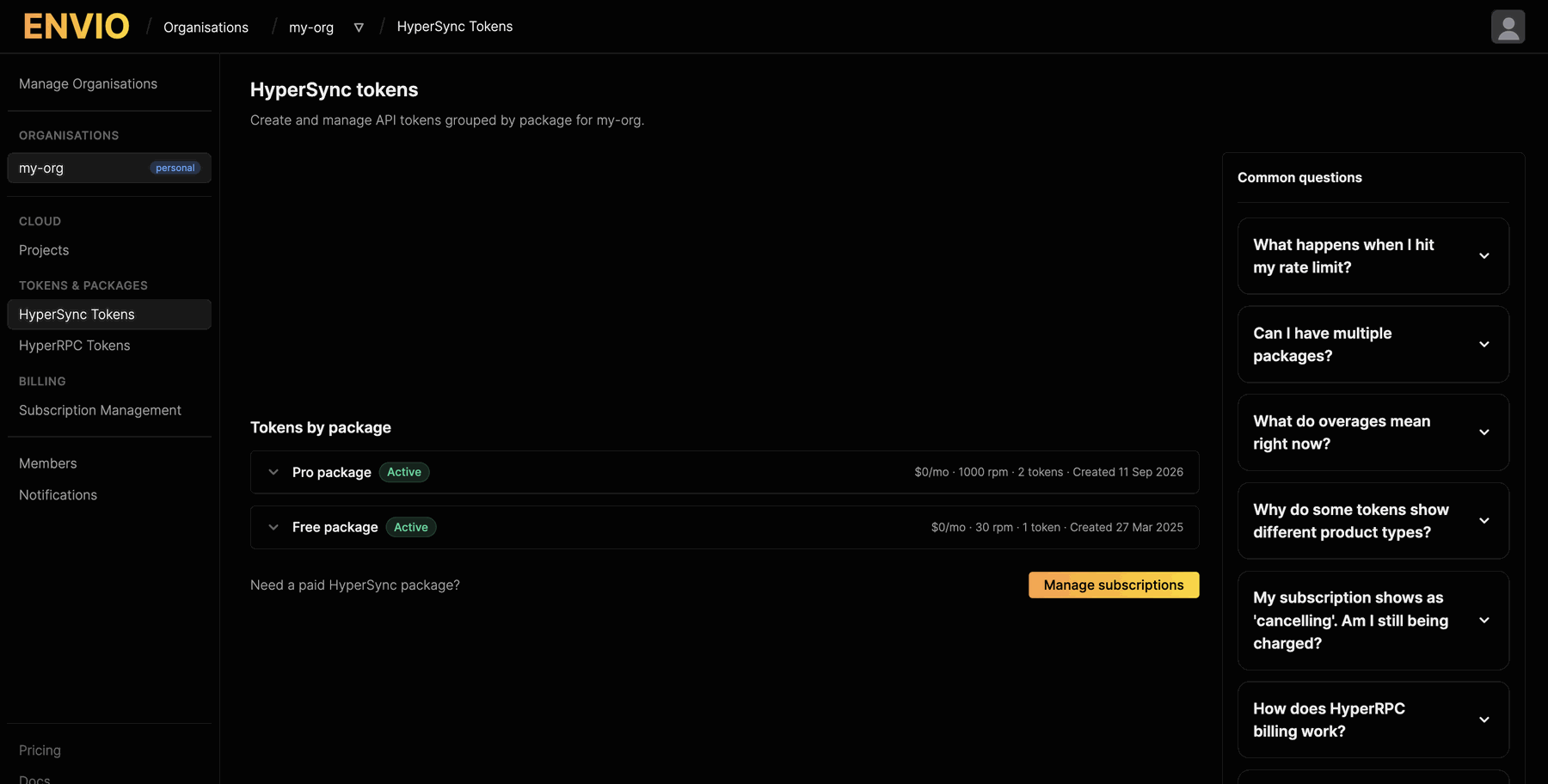 Checking HyperSync token usage in the Envio Dashboard