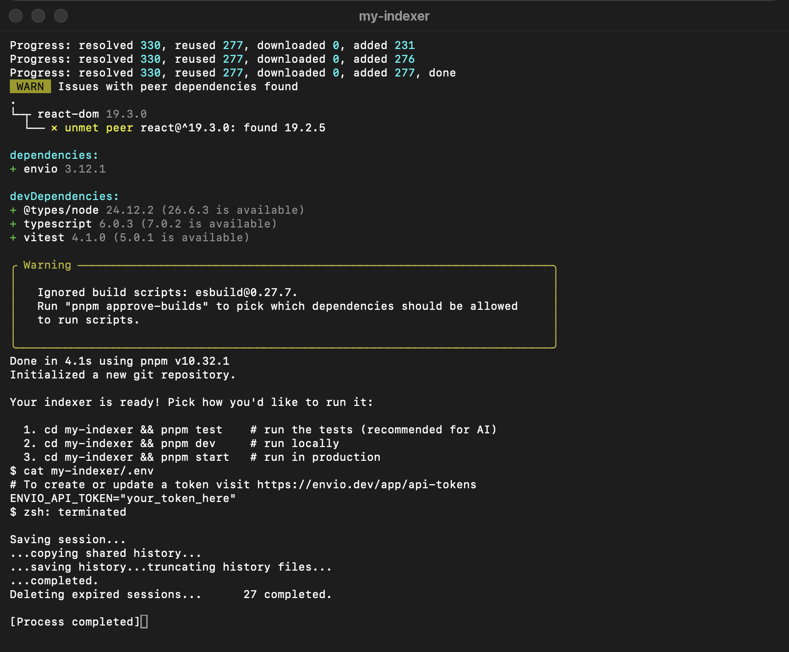 Running envio init with a token and checking the .env file it writes