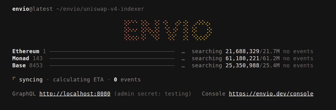 The new HyperIndex terminal UI showing sync progress for an indexer on Ethereum, Monad and Base