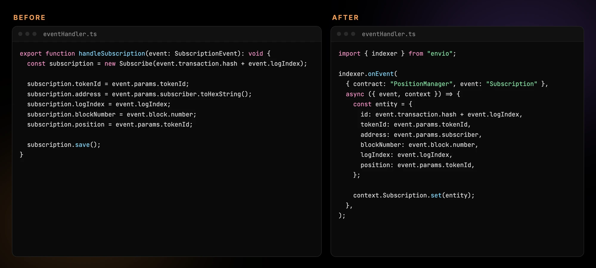 A subgraph Subscription handler next to the same handler written for HyperIndex