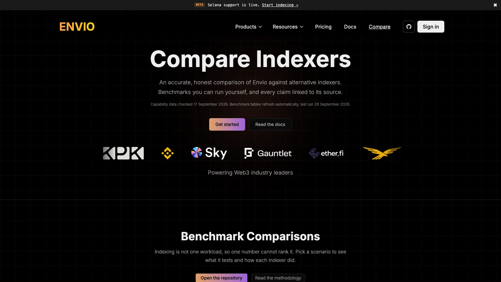 Envio's compare indexers page