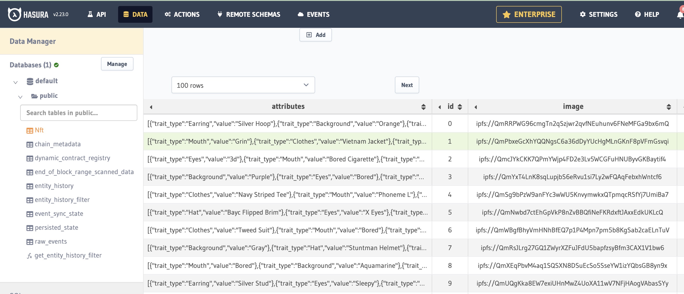 hasura ipfs nft indexing screenshot